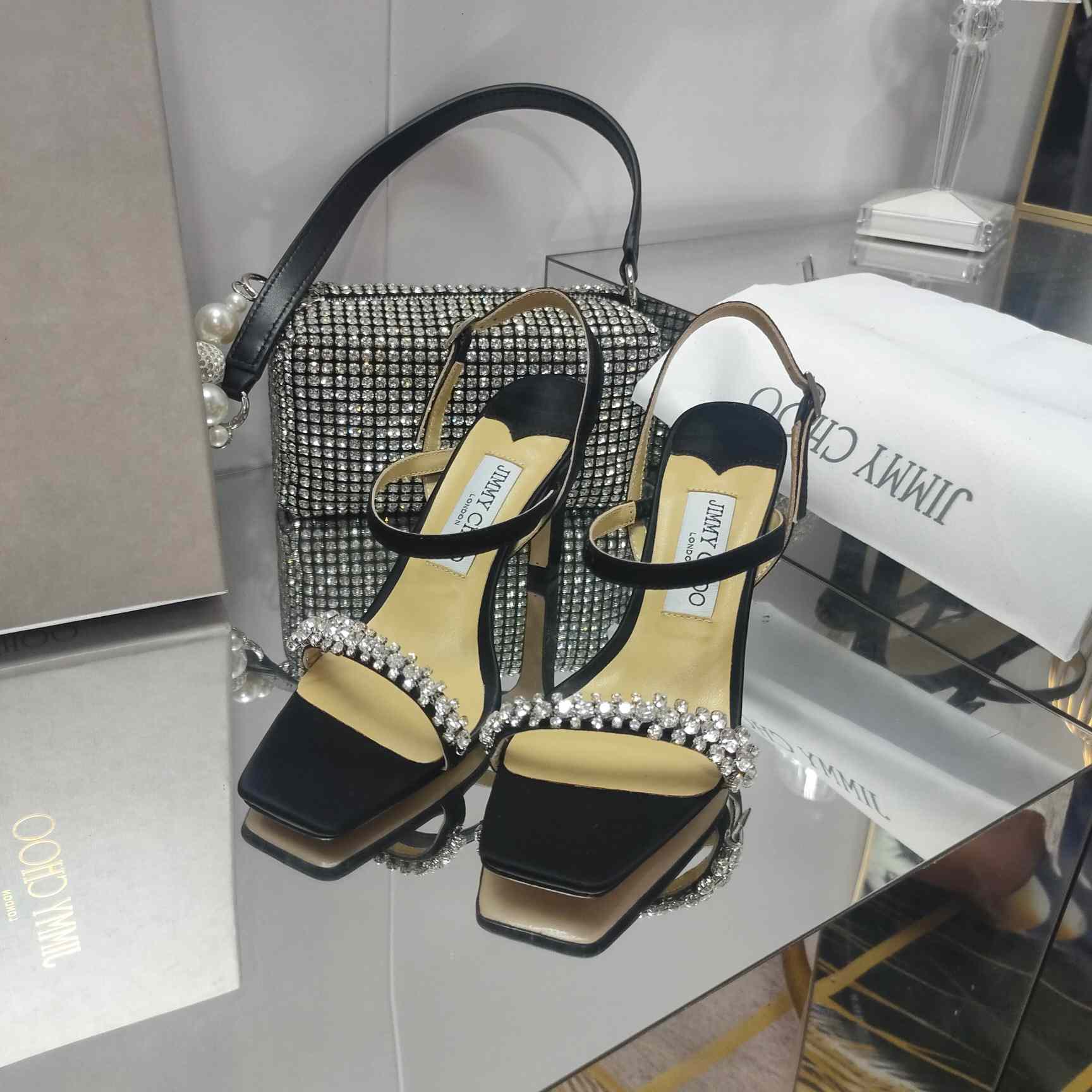 Jimmy Choo Meira 85 Black Suede Sandals With Crystal Embellishment - DopestKickz