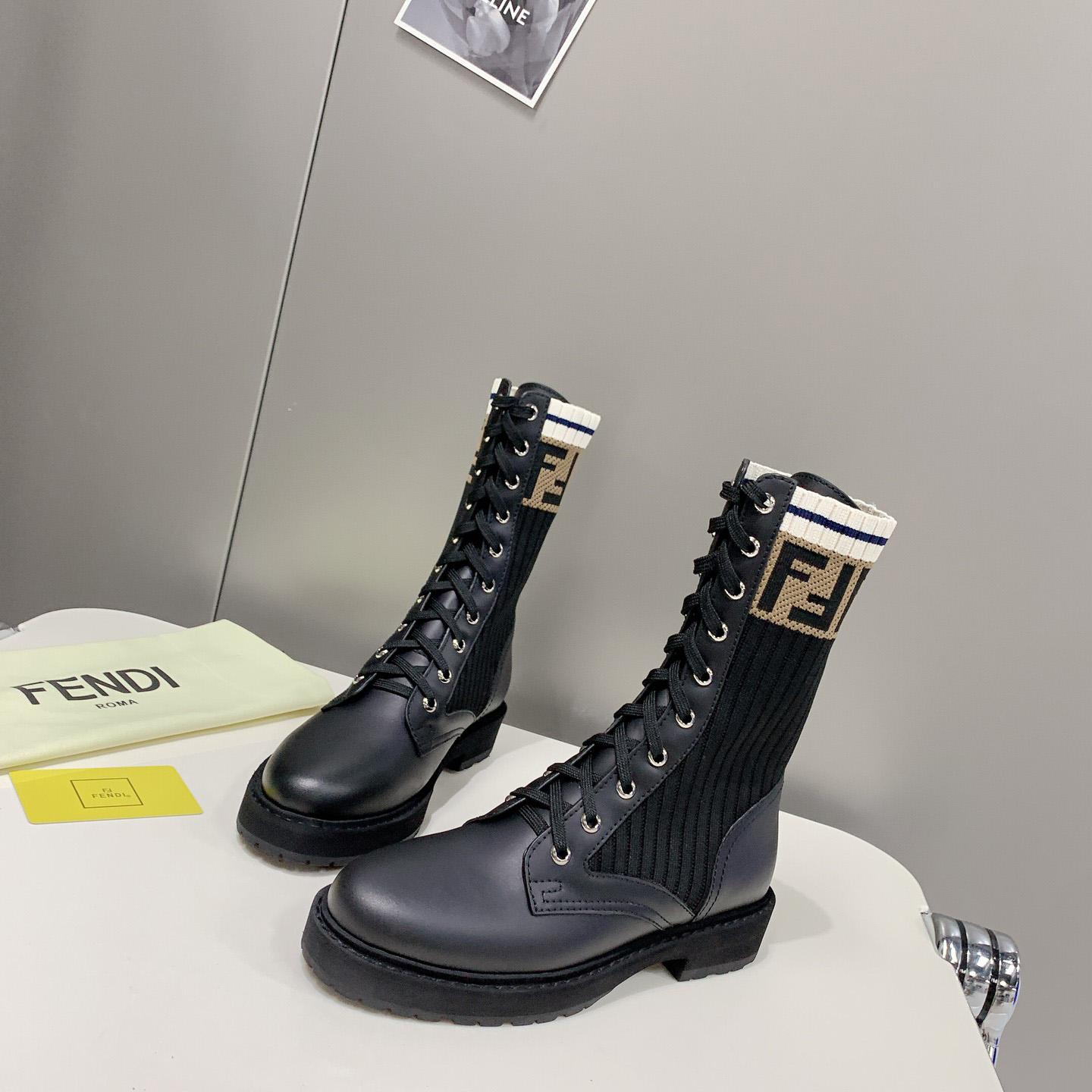 Fendi Rockoko Black Leather Biker Boots With Stretch Fabric - DopestKickz