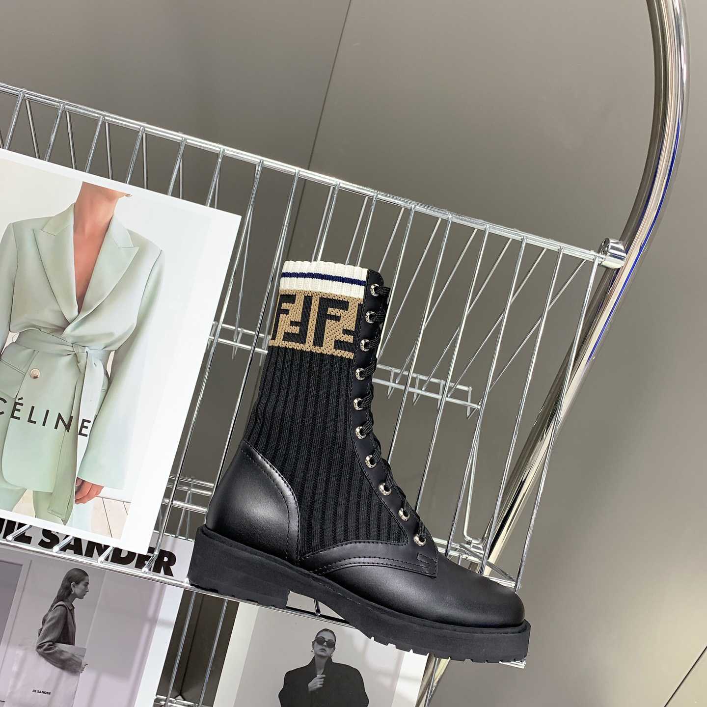 Fendi Rockoko Black Leather Biker Boots With Stretch Fabric - DopestKickz