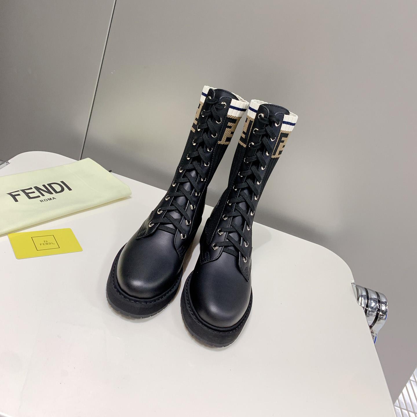Fendi Rockoko Black Leather Biker Boots With Stretch Fabric - DopestKickz