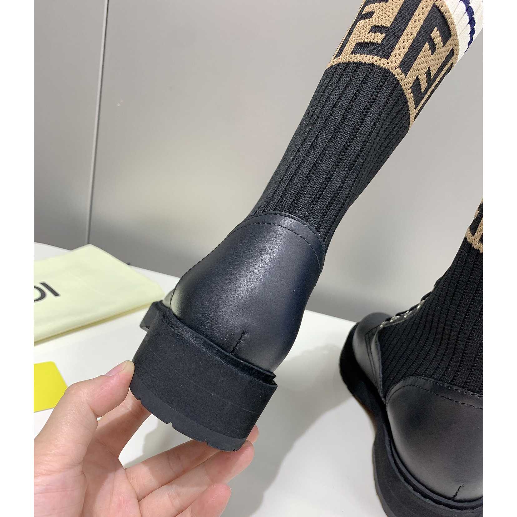 Fendi Rockoko Black Leather Biker Boots With Stretch Fabric - DopestKickz