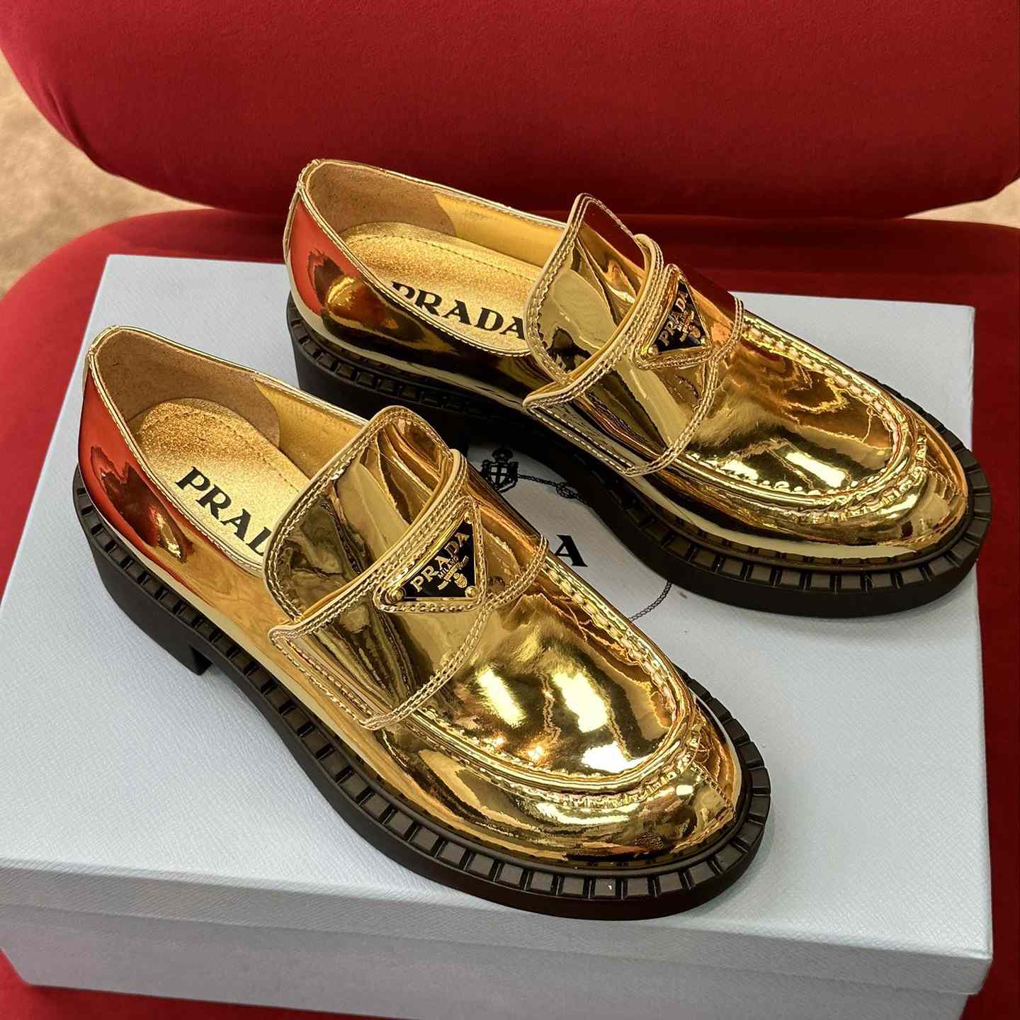 Prada Metallic Leather Loafers - DopestKickz