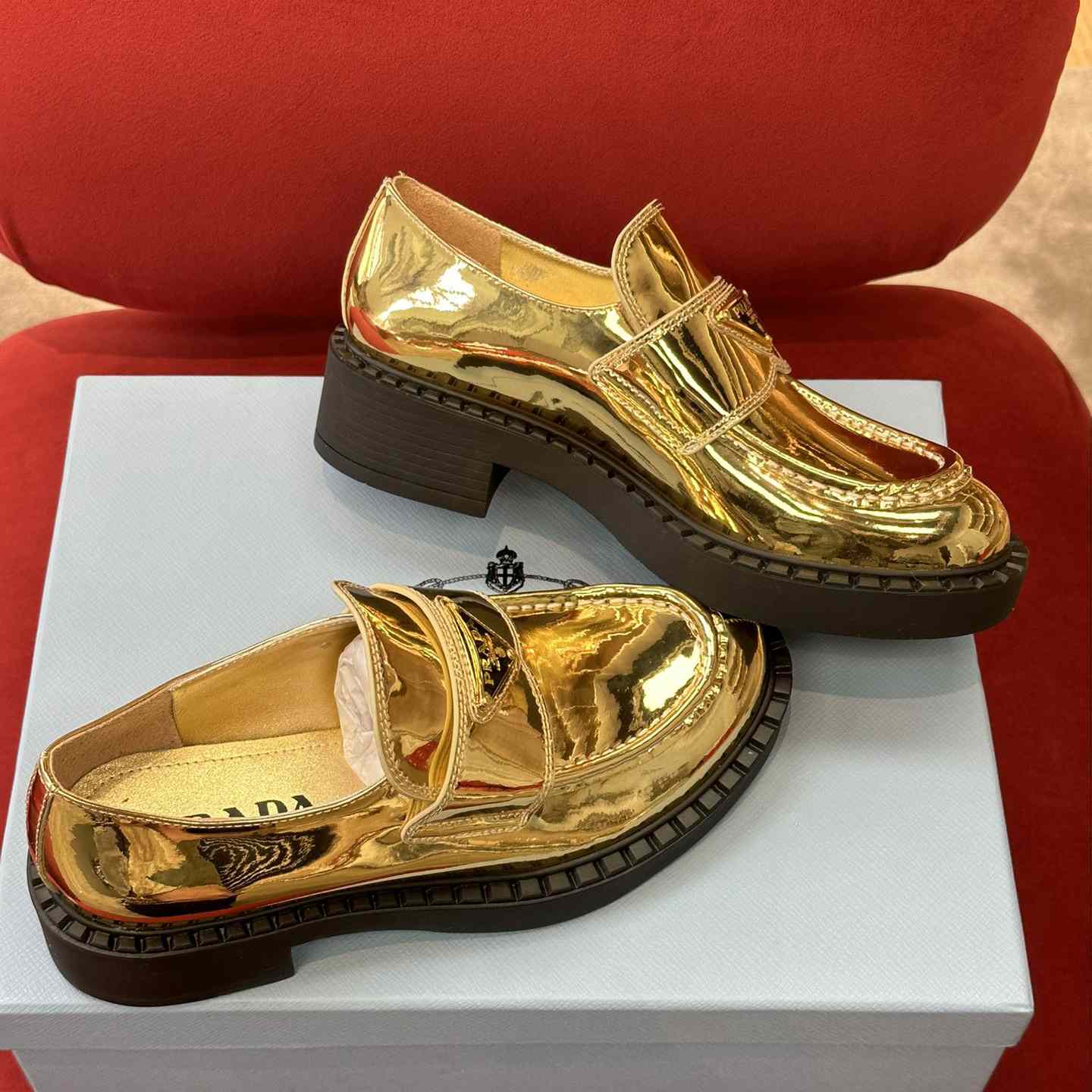 Prada Metallic Leather Loafers - DopestKickz