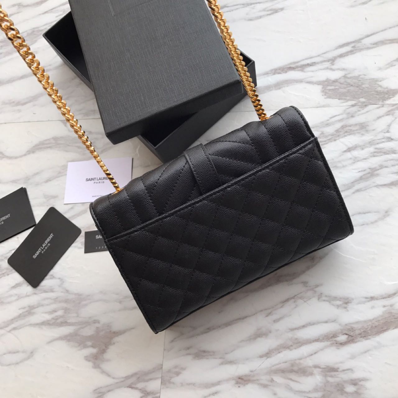 Saint Laurent Envelope Chain Wallet In Mix Matelasse Grain De Poudre Embossed Leather(21-13-6CM) - DopestKickz