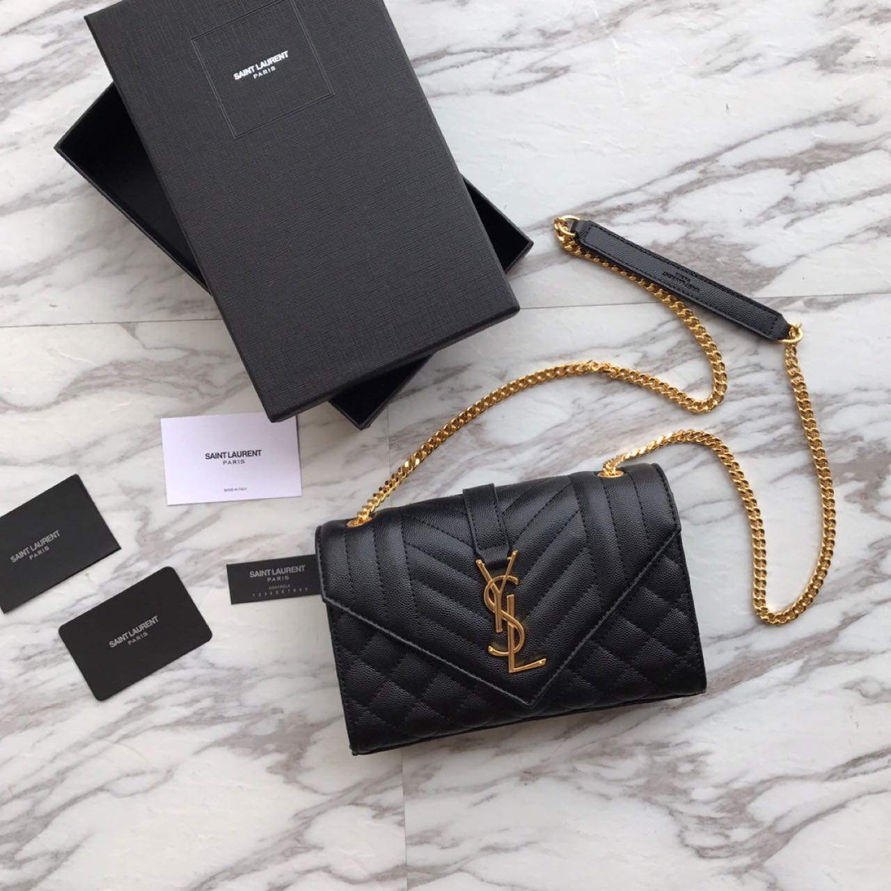Saint Laurent Envelope Chain Wallet In Mix Matelasse Grain De Poudre Embossed Leather(21-13-6CM) - DopestKickz