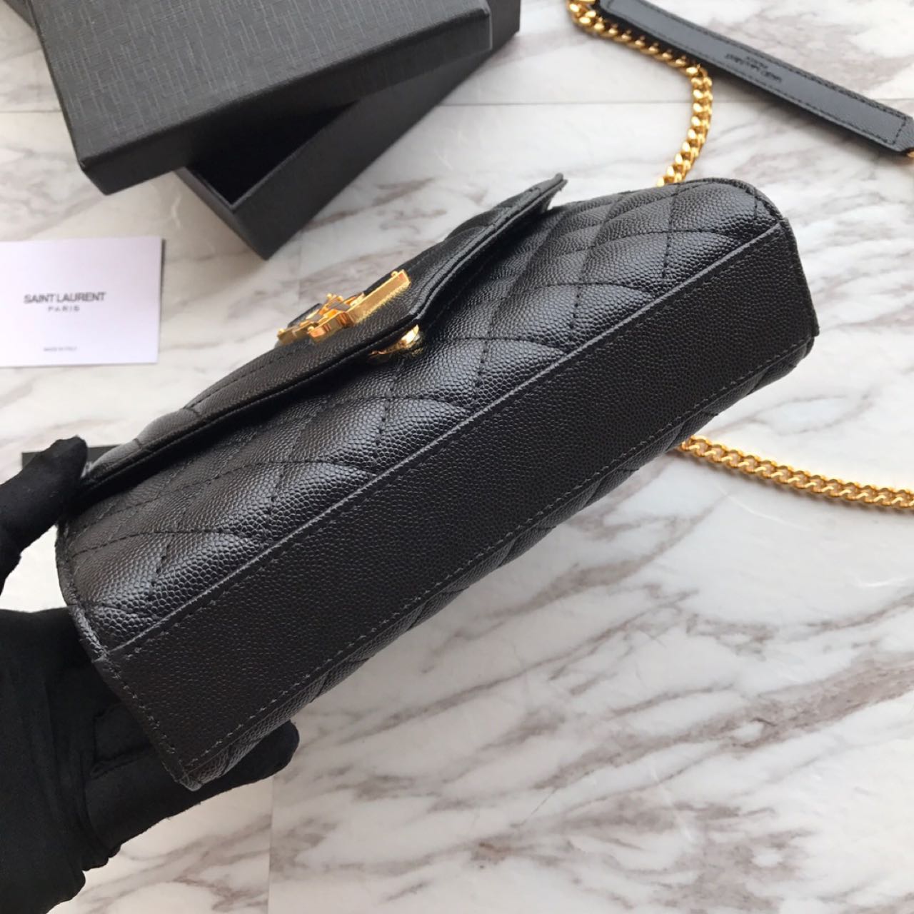 Saint Laurent Envelope Chain Wallet In Mix Matelasse Grain De Poudre Embossed Leather(21-13-6CM) - DopestKickz