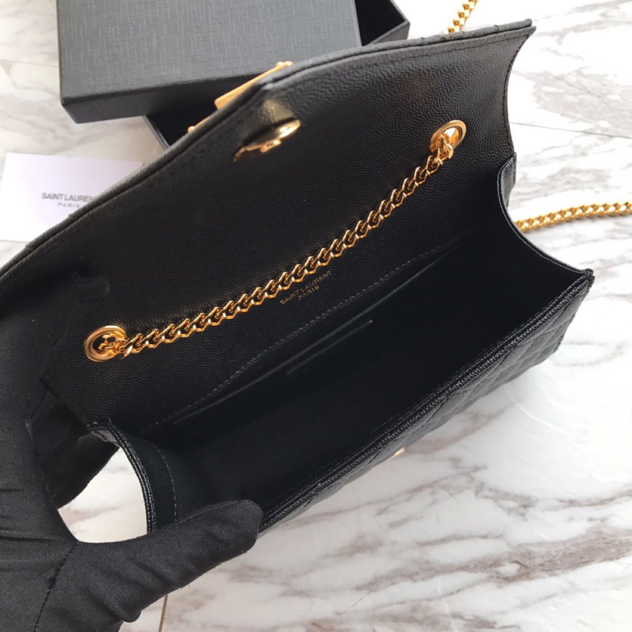 Saint Laurent Envelope Chain Wallet In Mix Matelasse Grain De Poudre Embossed Leather(21-13-6CM) - DopestKickz