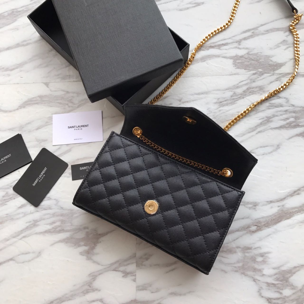 Saint Laurent Envelope Chain Wallet In Mix Matelasse Grain De Poudre Embossed Leather(21-13-6CM) - DopestKickz