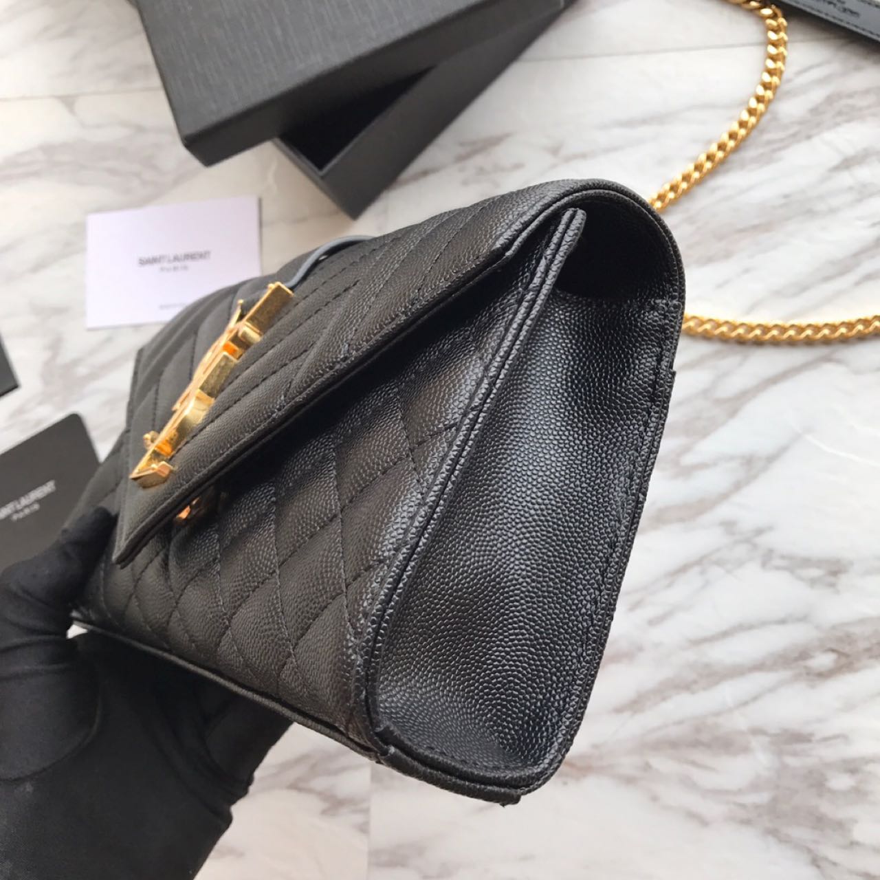 Saint Laurent Envelope Chain Wallet In Mix Matelasse Grain De Poudre Embossed Leather(21-13-6CM) - DopestKickz