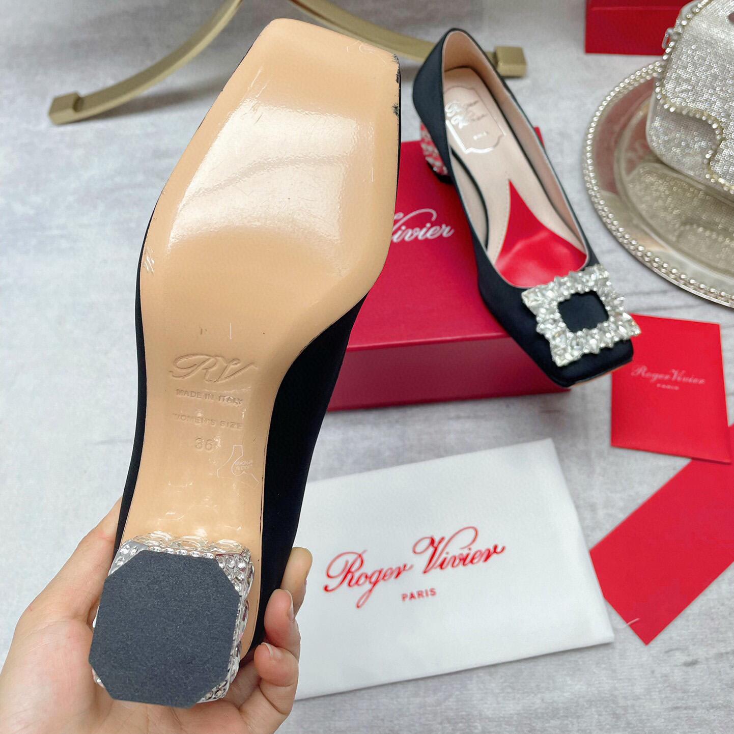 Roger Vivier Jewel Heel Rhinestone Buckle Pumps In Satin - DopestKickz