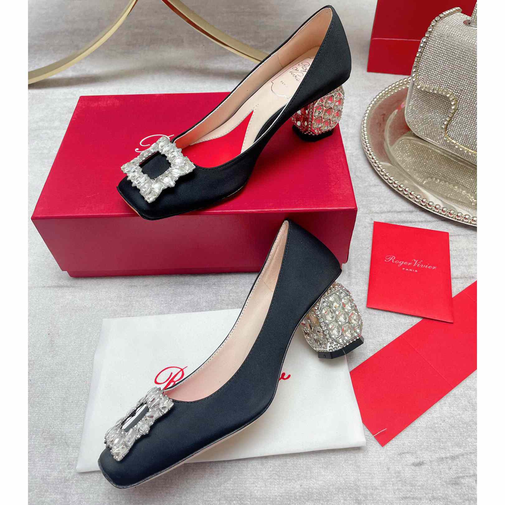 Roger Vivier Jewel Heel Rhinestone Buckle Pumps In Satin - DopestKickz