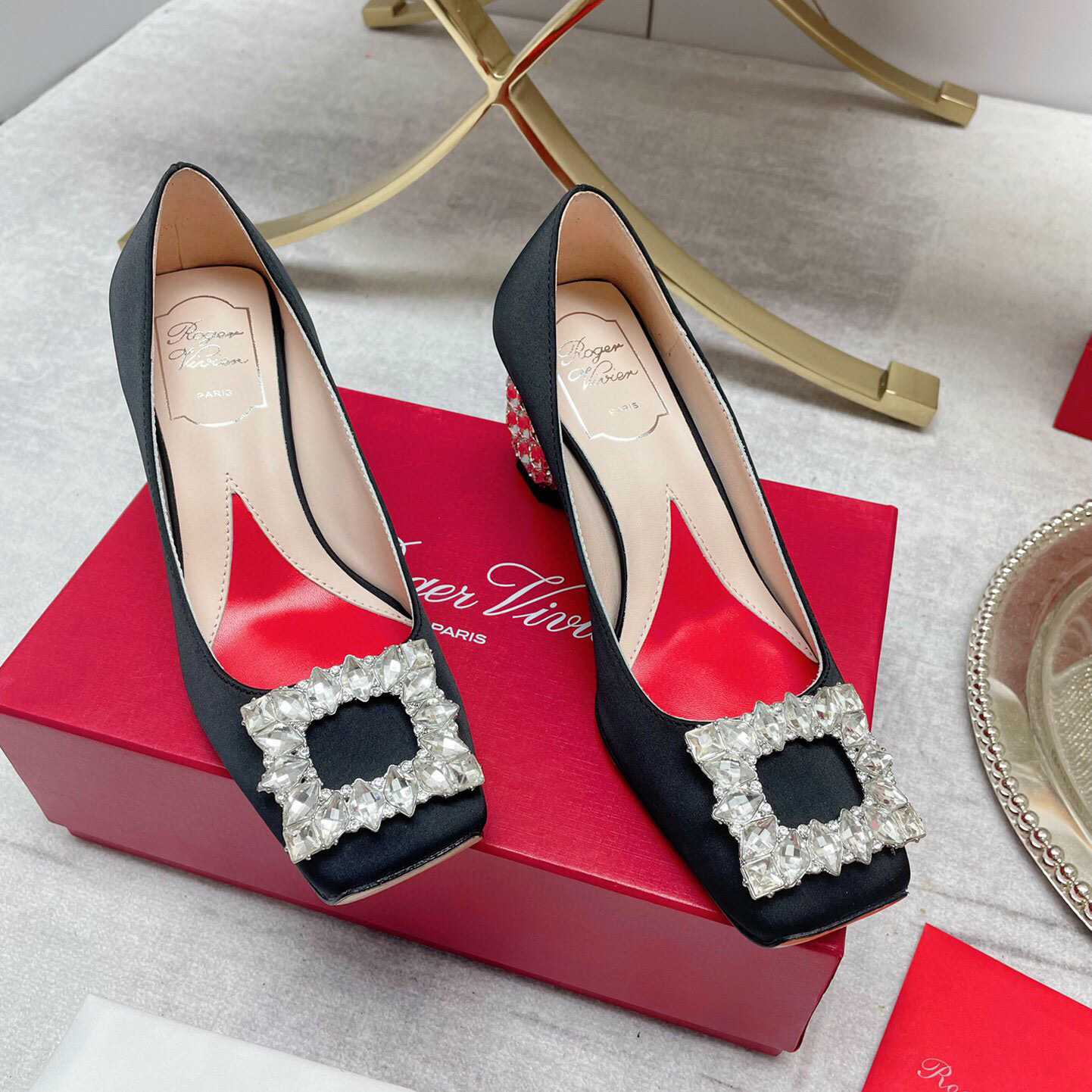 Roger Vivier Jewel Heel Rhinestone Buckle Pumps In Satin - DopestKickz