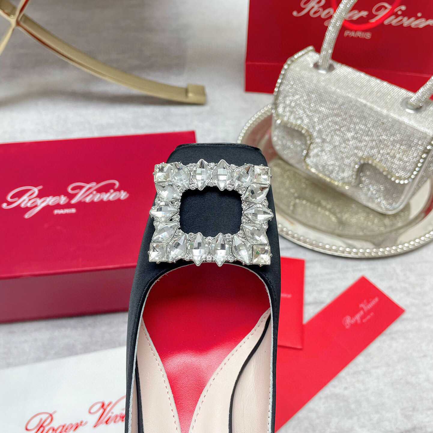 Roger Vivier Jewel Heel Rhinestone Buckle Pumps In Satin - DopestKickz