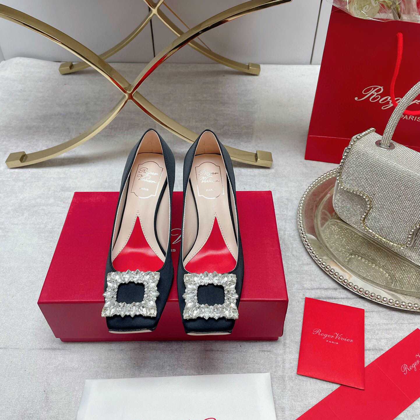 Roger Vivier Jewel Heel Rhinestone Buckle Pumps In Satin - DopestKickz