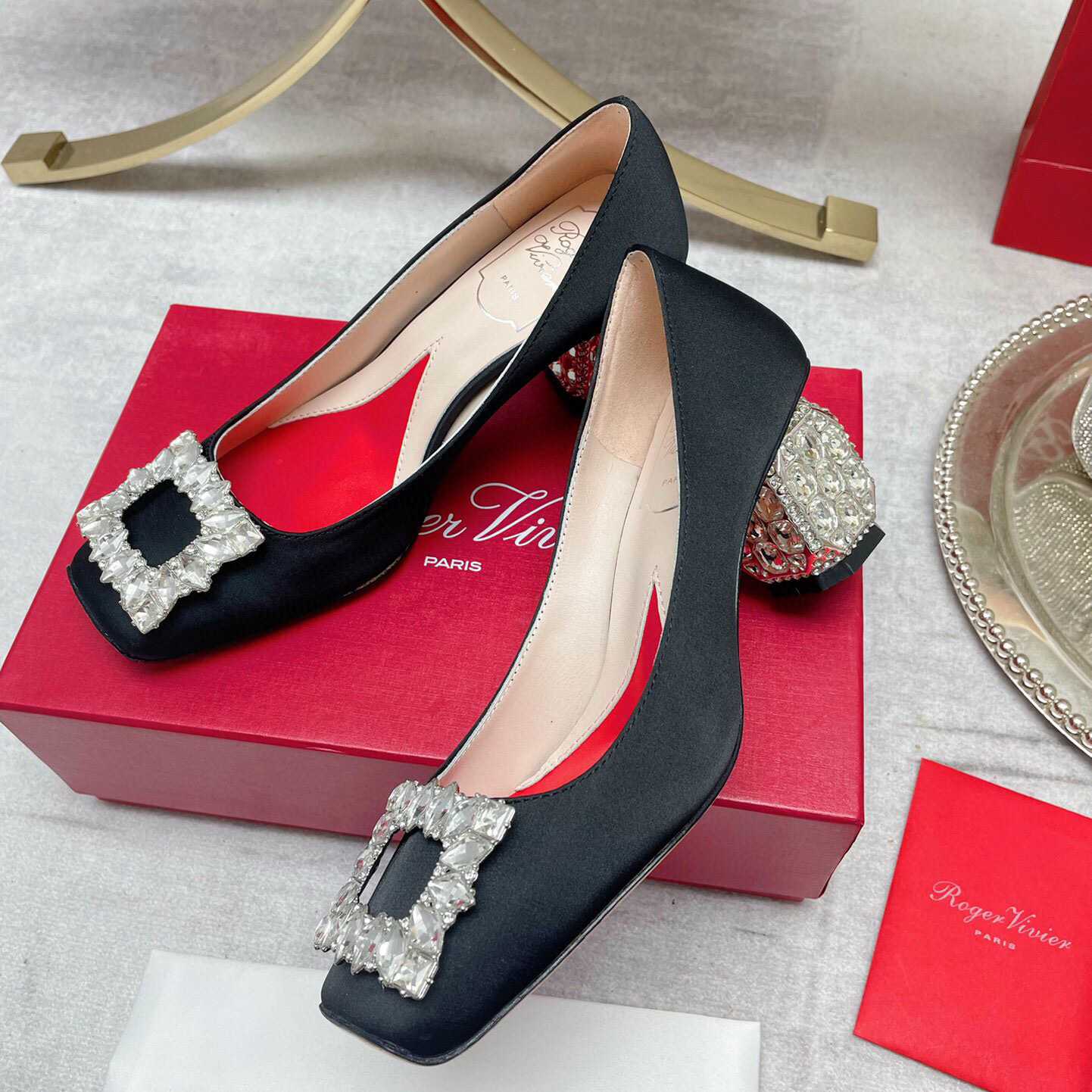 Roger Vivier Jewel Heel Rhinestone Buckle Pumps In Satin - DopestKickz