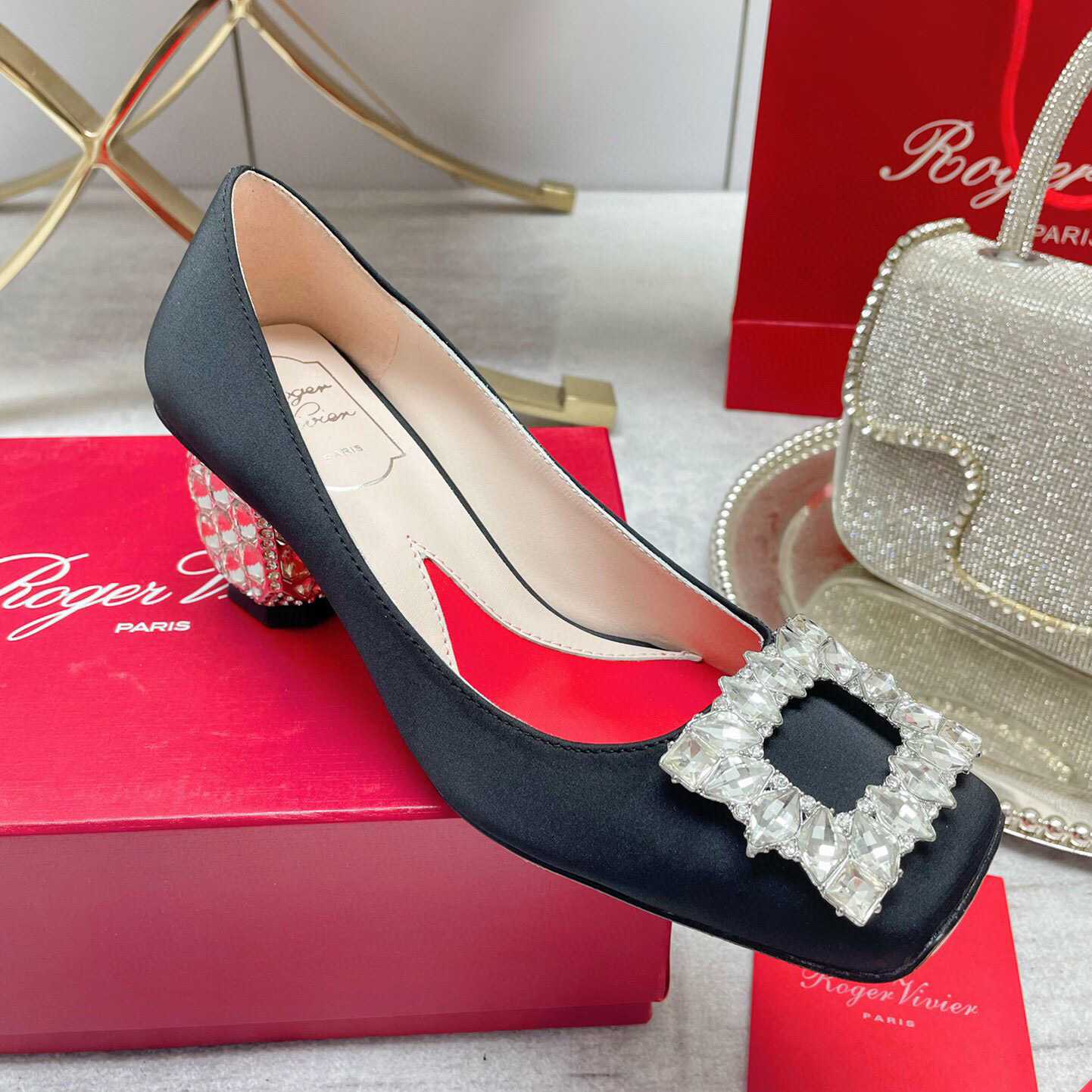 Roger Vivier Jewel Heel Rhinestone Buckle Pumps In Satin - DopestKickz