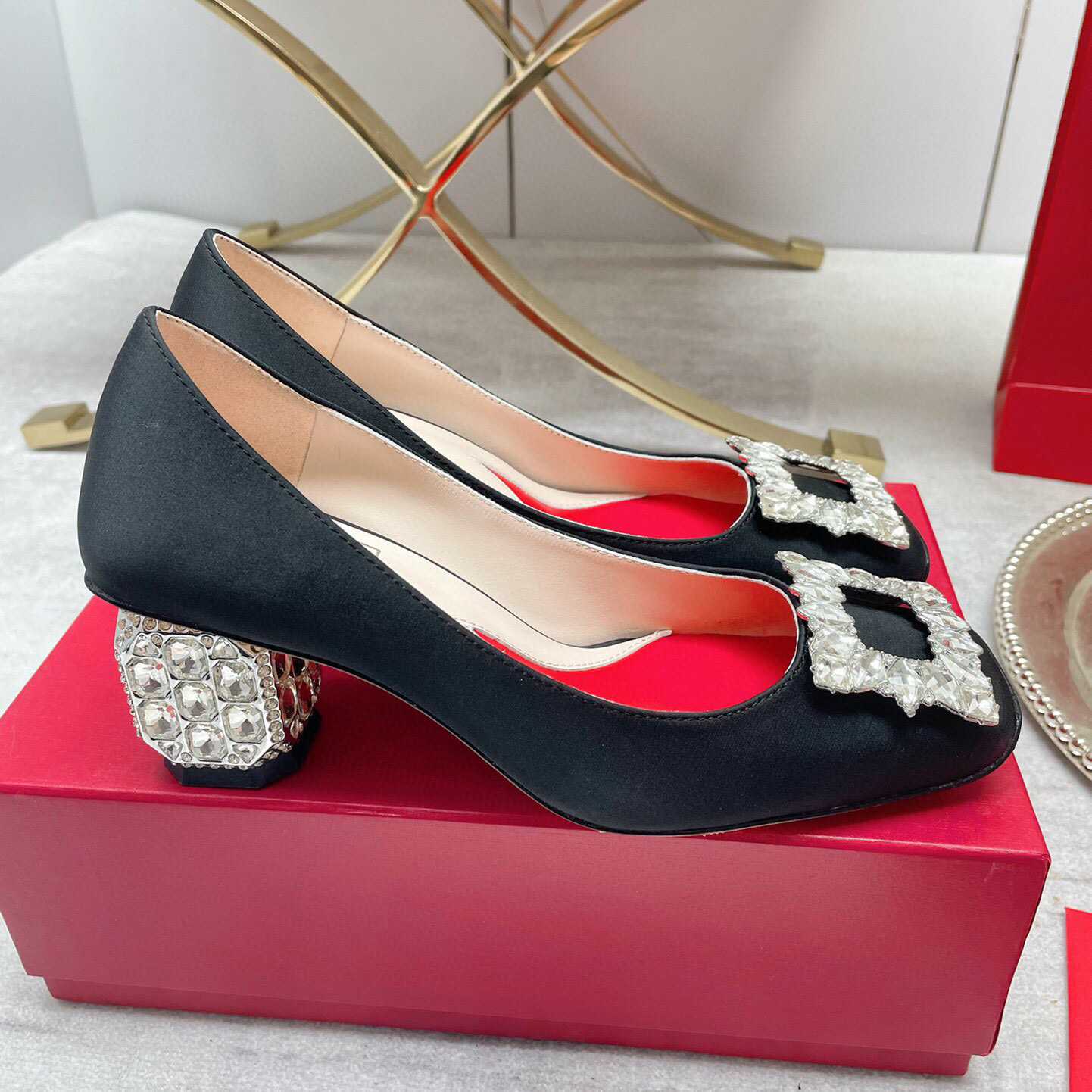 Roger Vivier Jewel Heel Rhinestone Buckle Pumps In Satin - DopestKickz