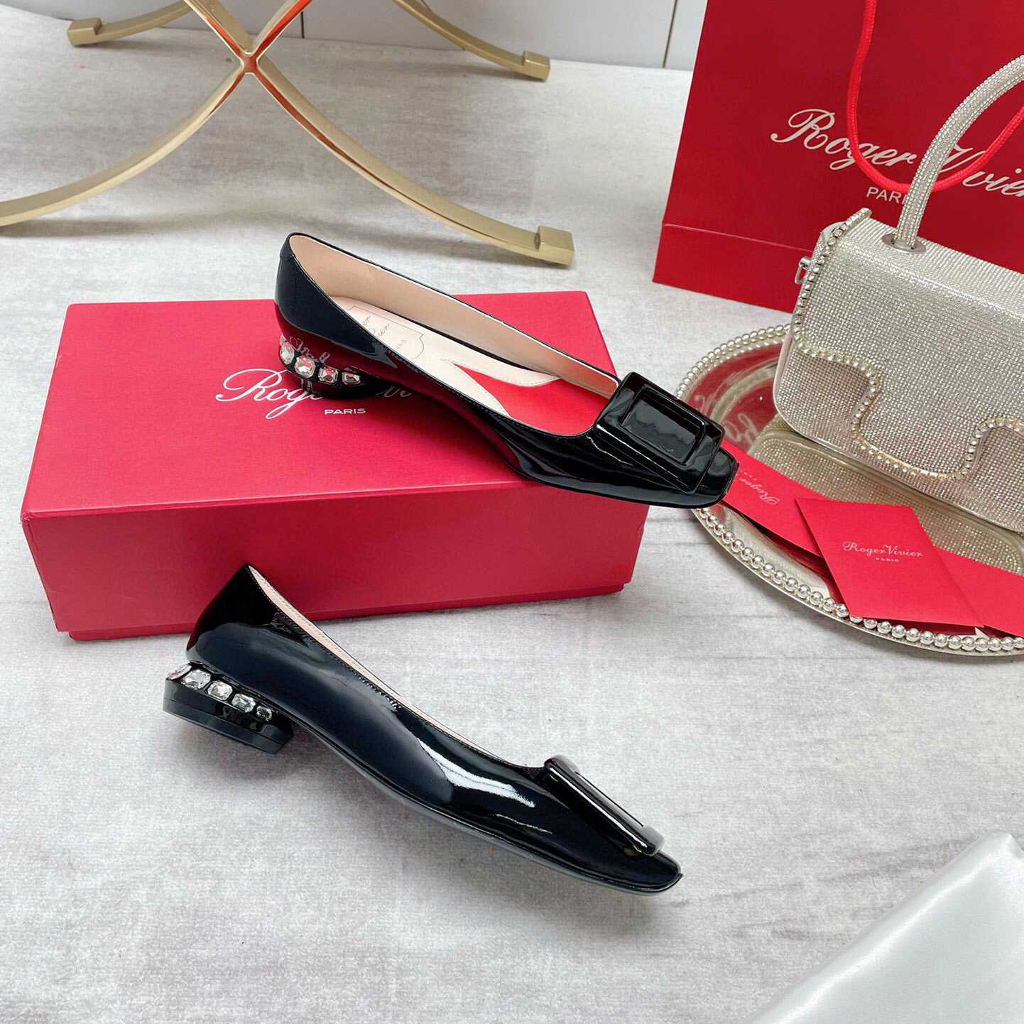 Roger Vivier Strass Heel Covered Buckle Ballerinas In Patent Leather - DopestKickz