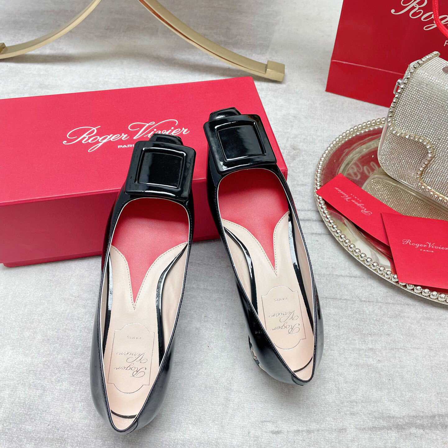 Roger Vivier Strass Heel Covered Buckle Ballerinas In Patent Leather - DopestKickz
