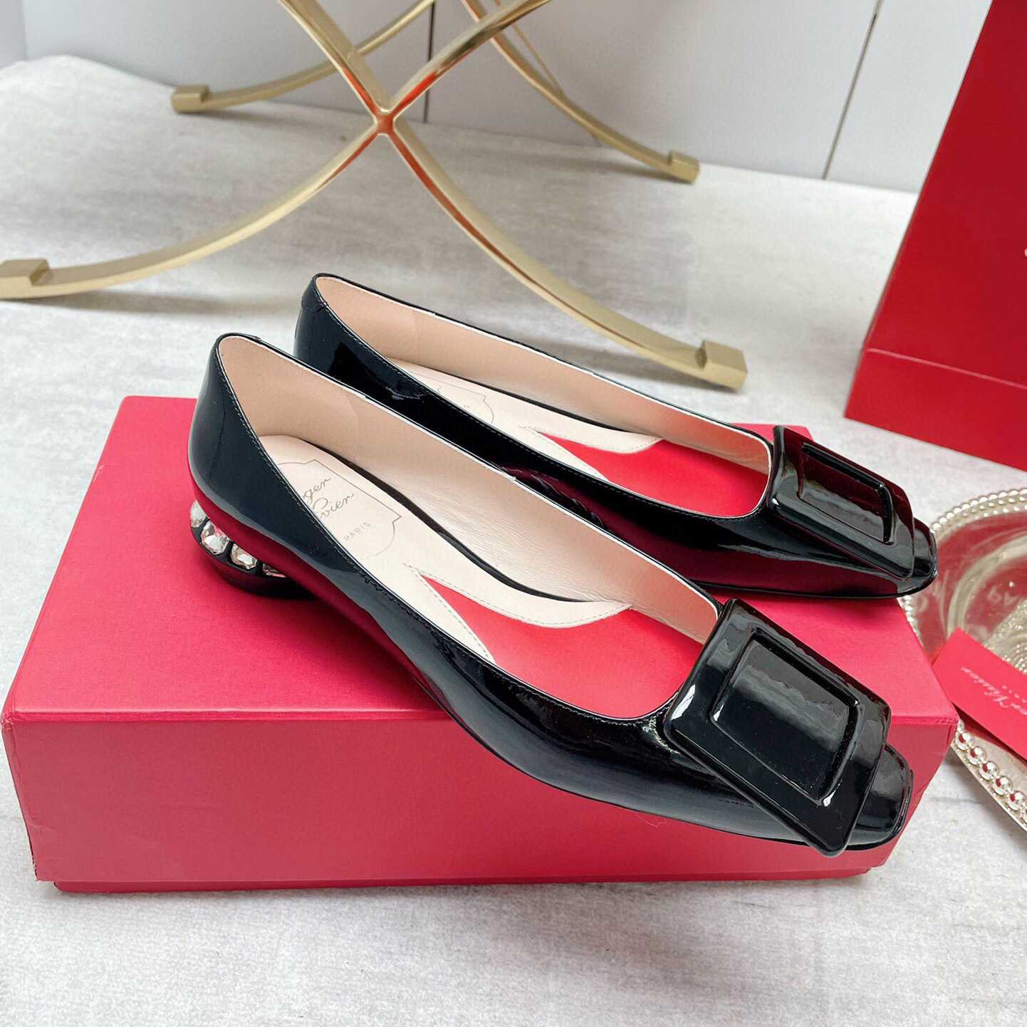Roger Vivier Strass Heel Covered Buckle Ballerinas In Patent Leather - DopestKickz