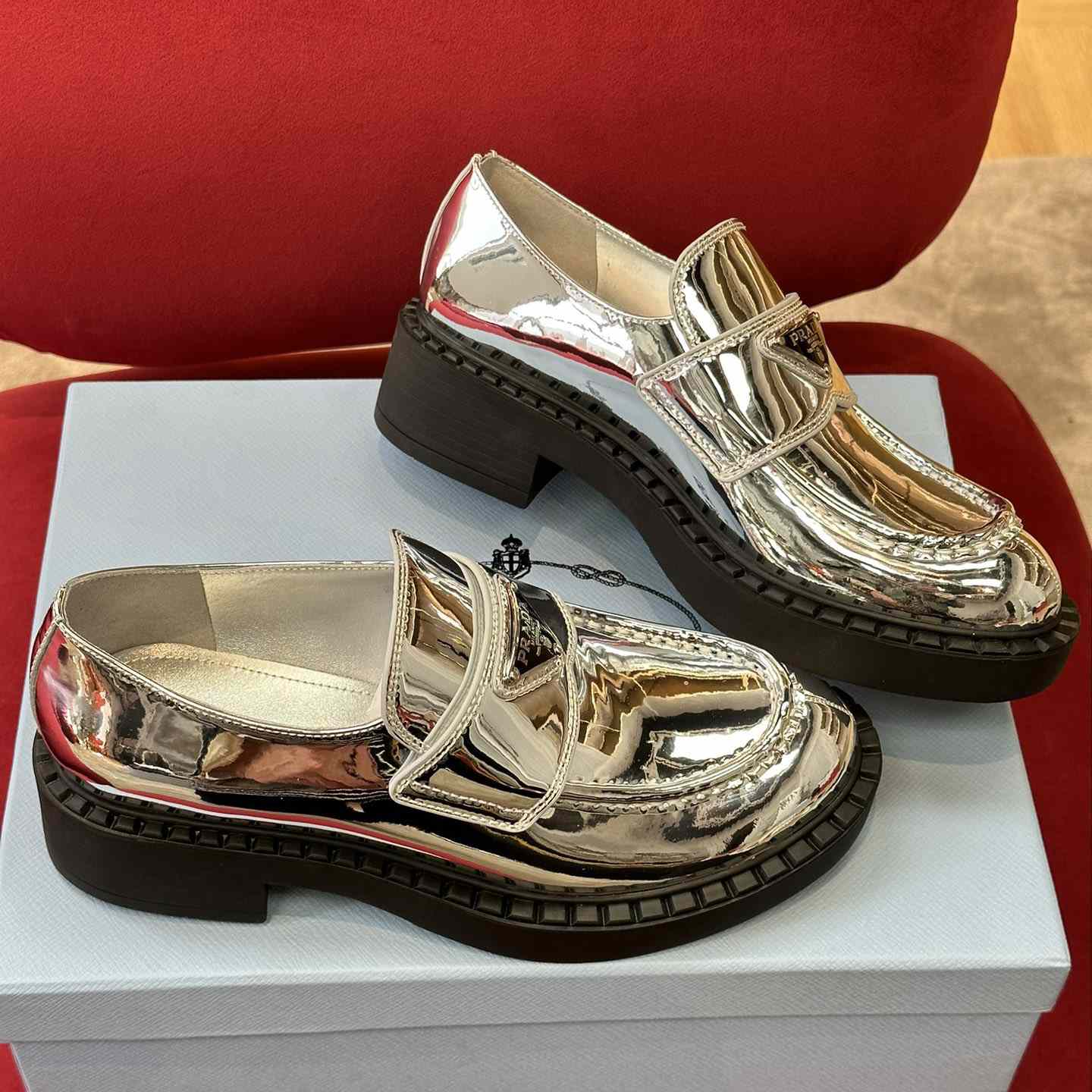 Prada Metallic Leather Loafers - DopestKickz