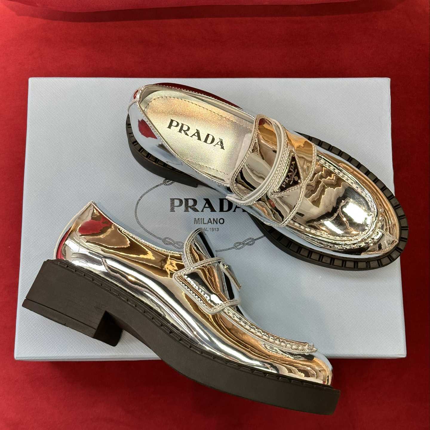 Prada Metallic Leather Loafers - DopestKickz