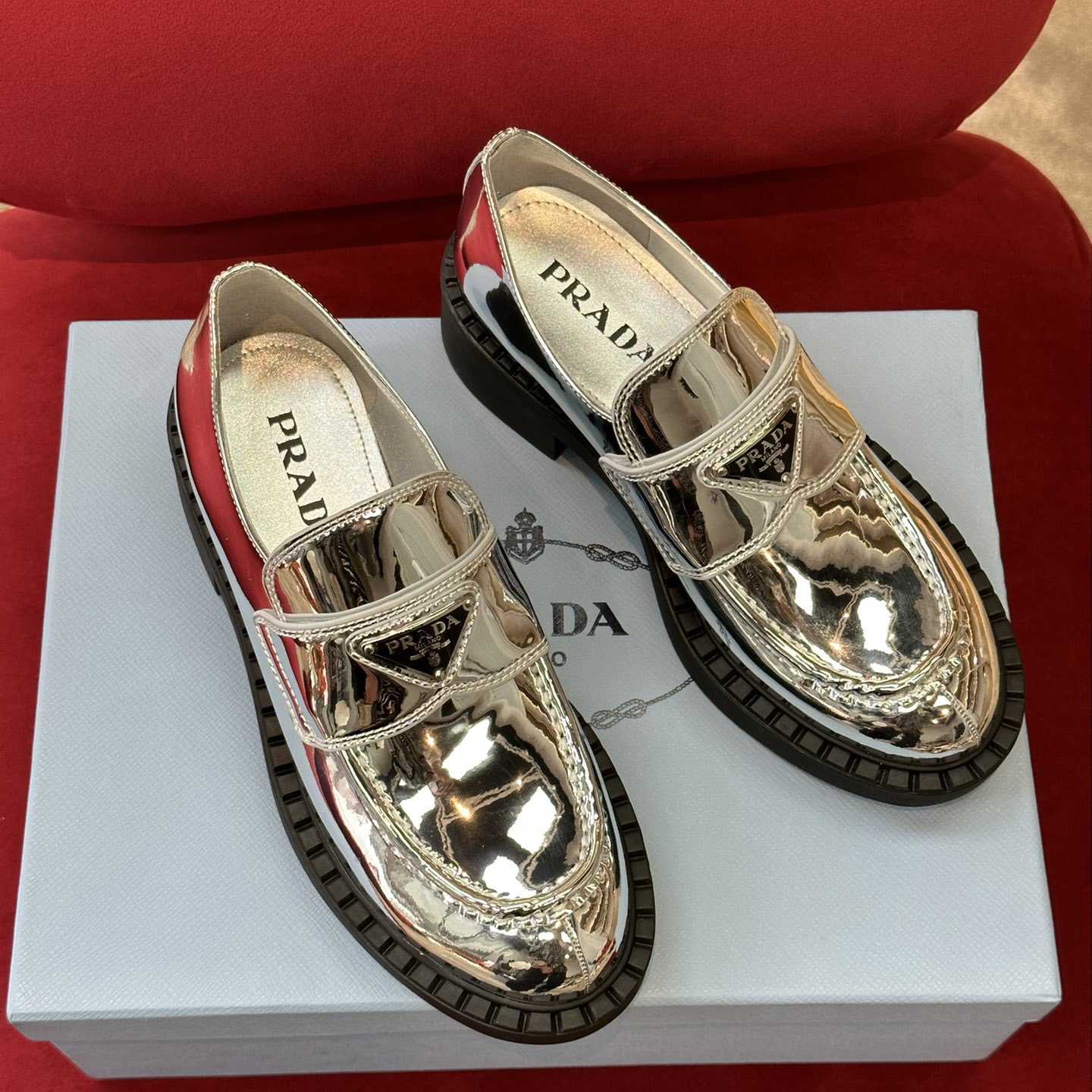 Prada Metallic Leather Loafers - DopestKickz