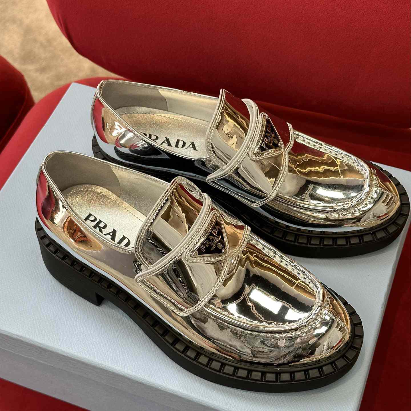 Prada Metallic Leather Loafers - DopestKickz