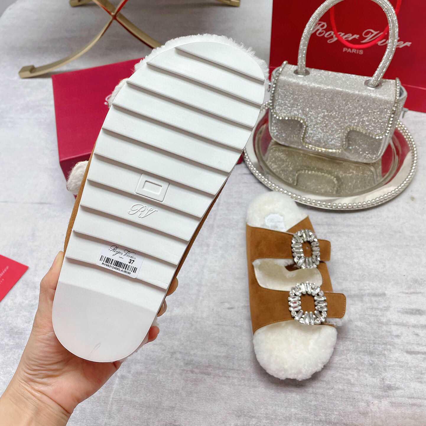 Roger Vivier Slidy Viv' Fur Strass Buckle Mukes In Suede - DopestKickz