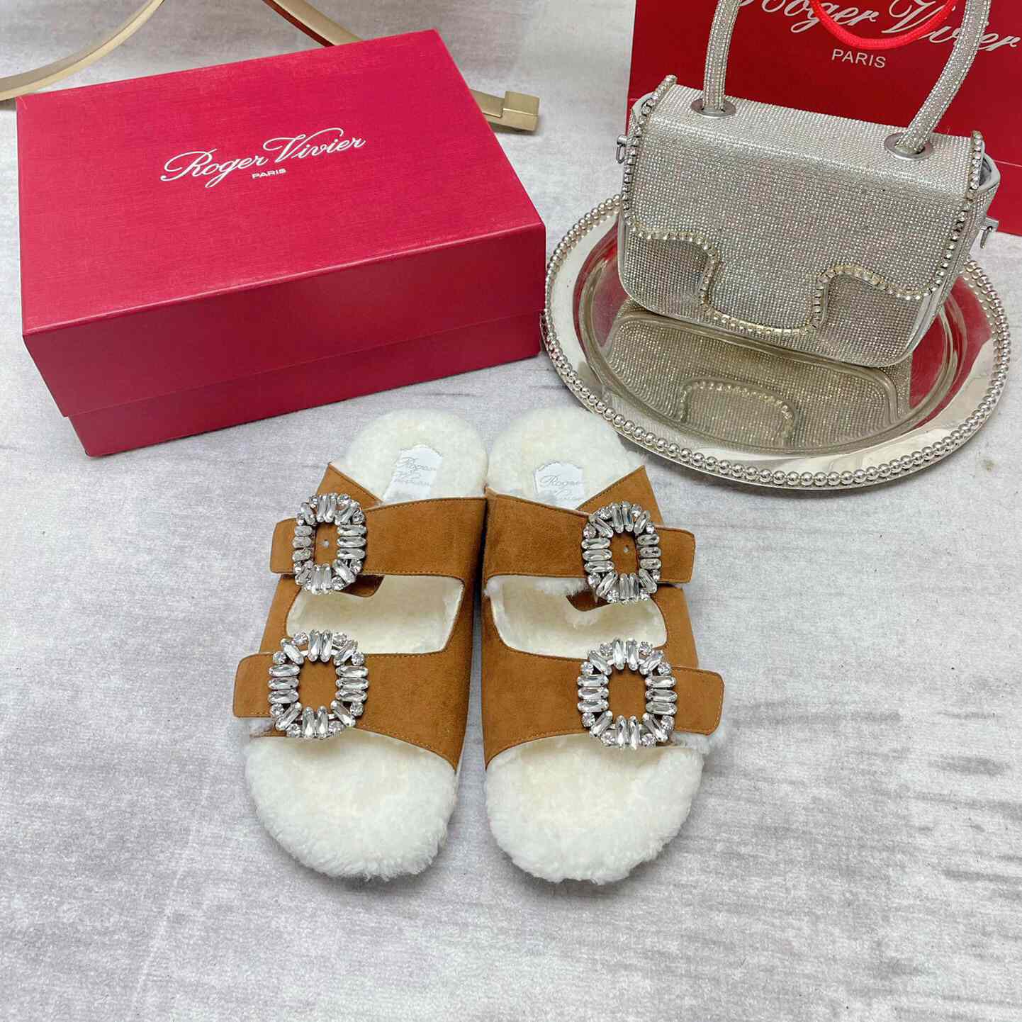 Roger Vivier Slidy Viv' Fur Strass Buckle Mukes In Suede - DopestKickz