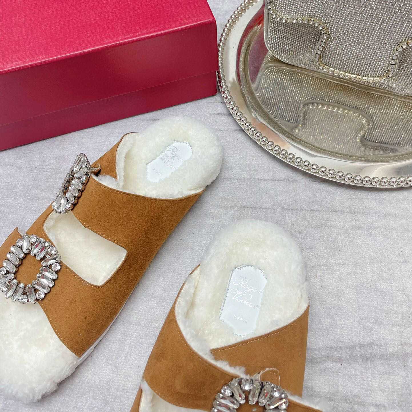 Roger Vivier Slidy Viv' Fur Strass Buckle Mukes In Suede - DopestKickz