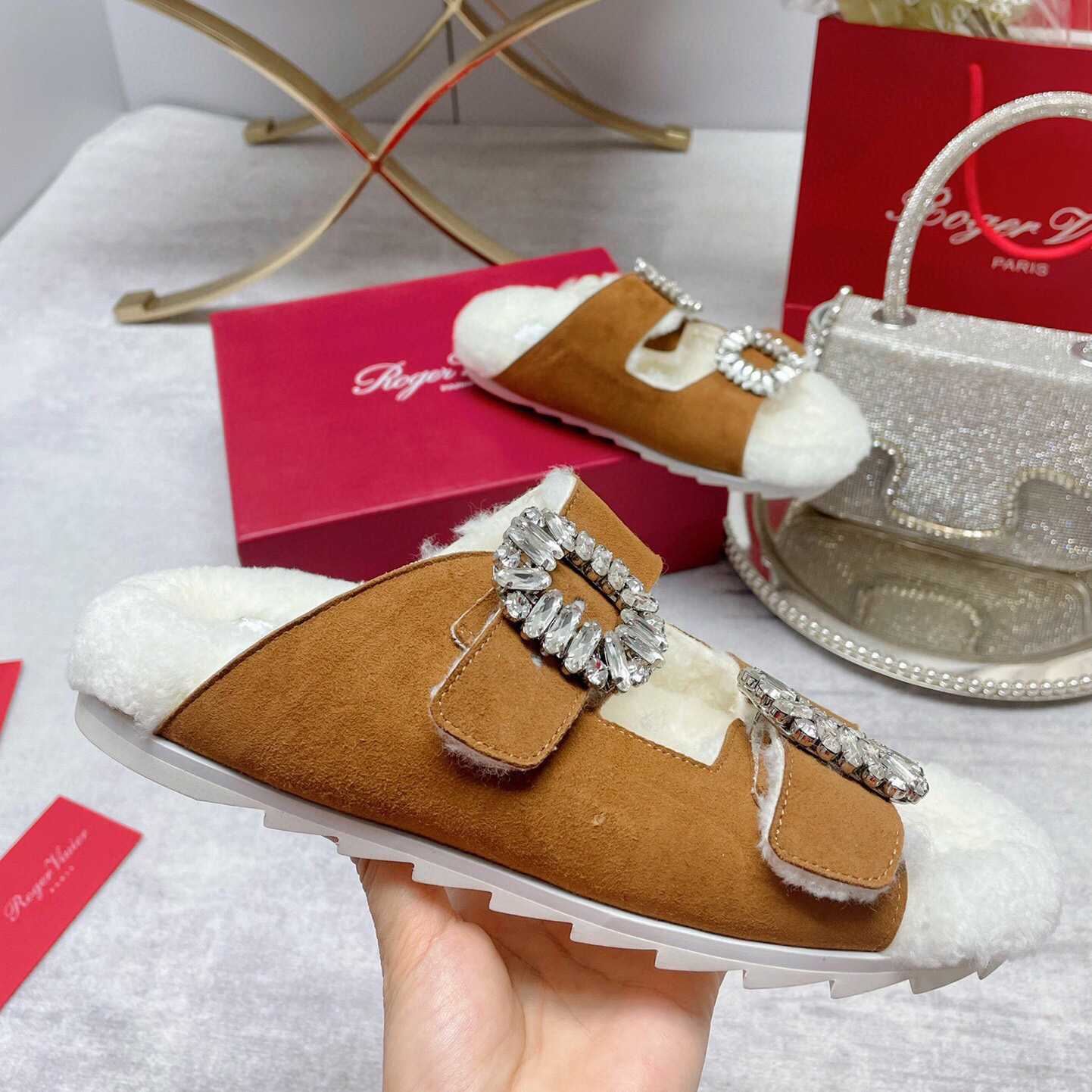 Roger Vivier Slidy Viv' Fur Strass Buckle Mukes In Suede - DopestKickz