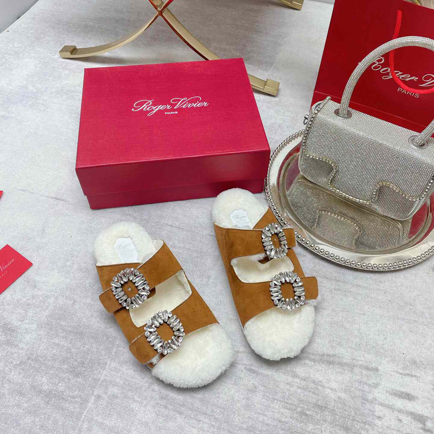 Roger Vivier Slidy Viv' Fur Strass Buckle Mukes In Suede - DopestKickz