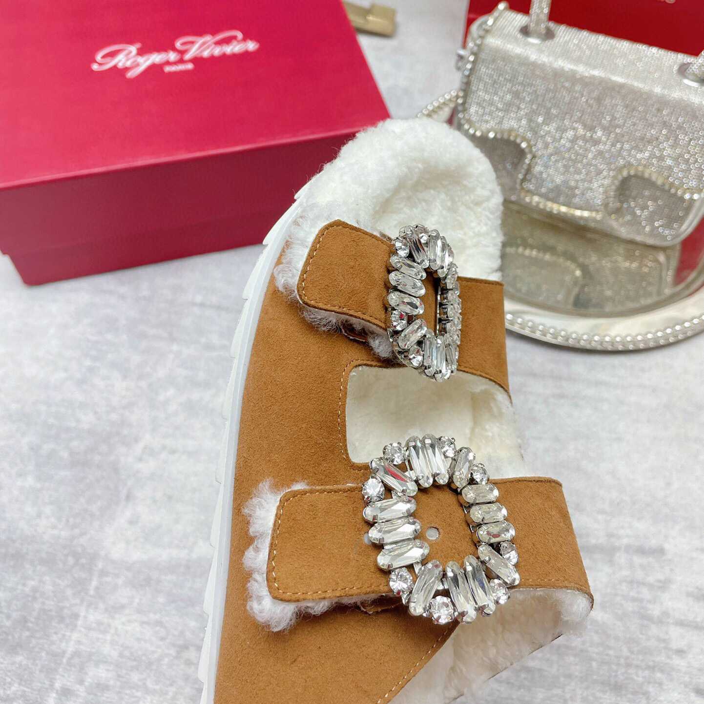 Roger Vivier Slidy Viv' Fur Strass Buckle Mukes In Suede - DopestKickz