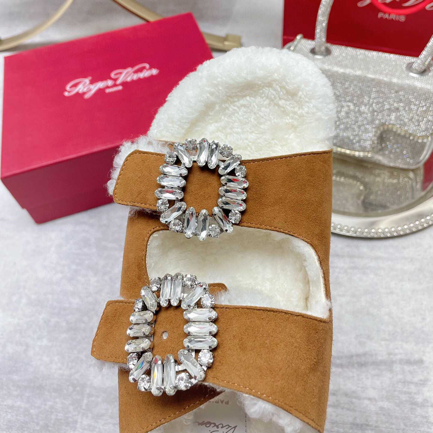 Roger Vivier Slidy Viv' Fur Strass Buckle Mukes In Suede - DopestKickz