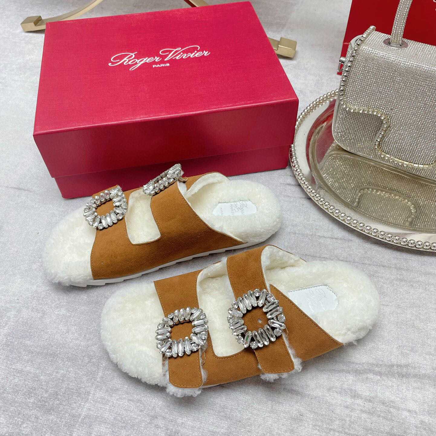 Roger Vivier Slidy Viv' Fur Strass Buckle Mukes In Suede - DopestKickz