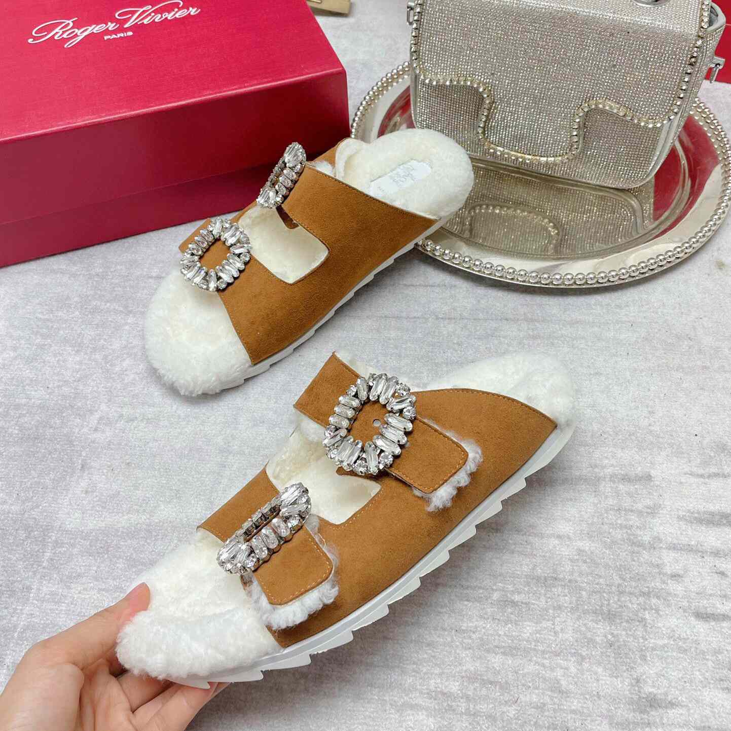 Roger Vivier Slidy Viv' Fur Strass Buckle Mukes In Suede - DopestKickz