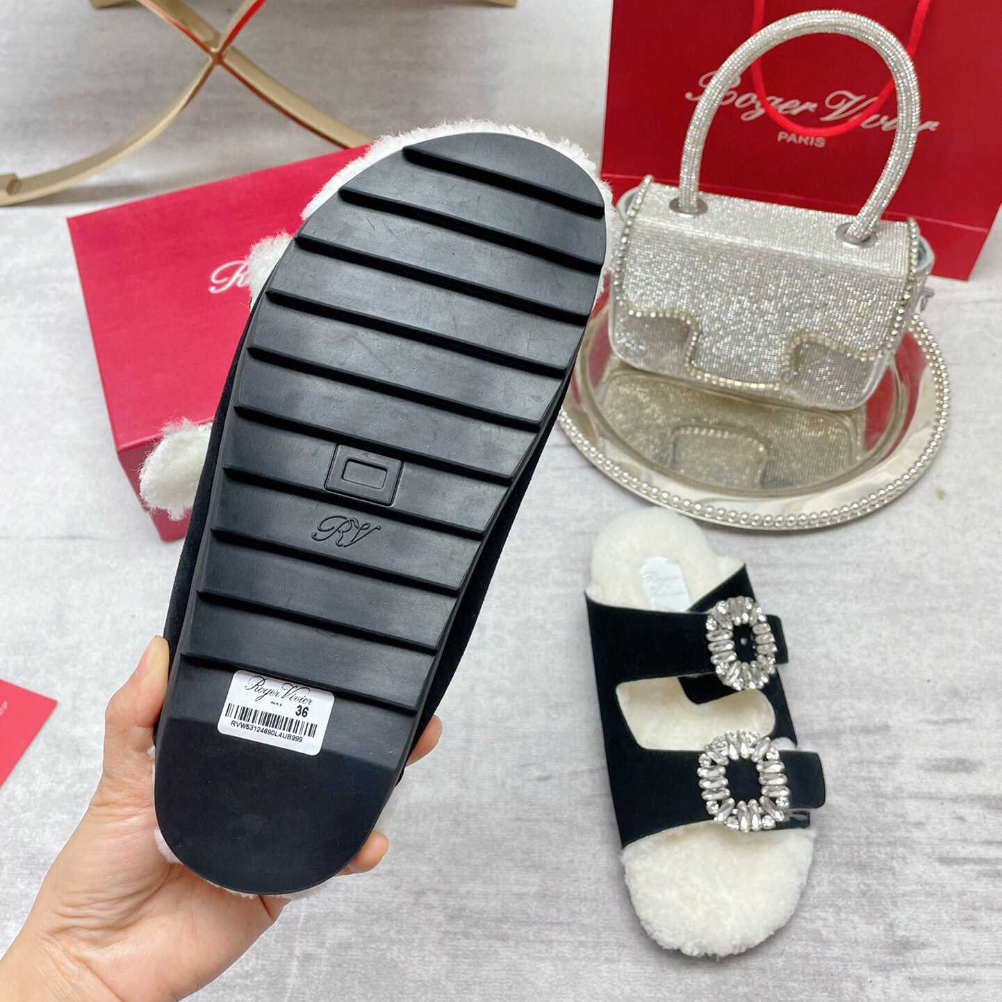 Roger Vivier Slidy Viv' Fur Strass Buckle Mules In Suede - DopestKickz