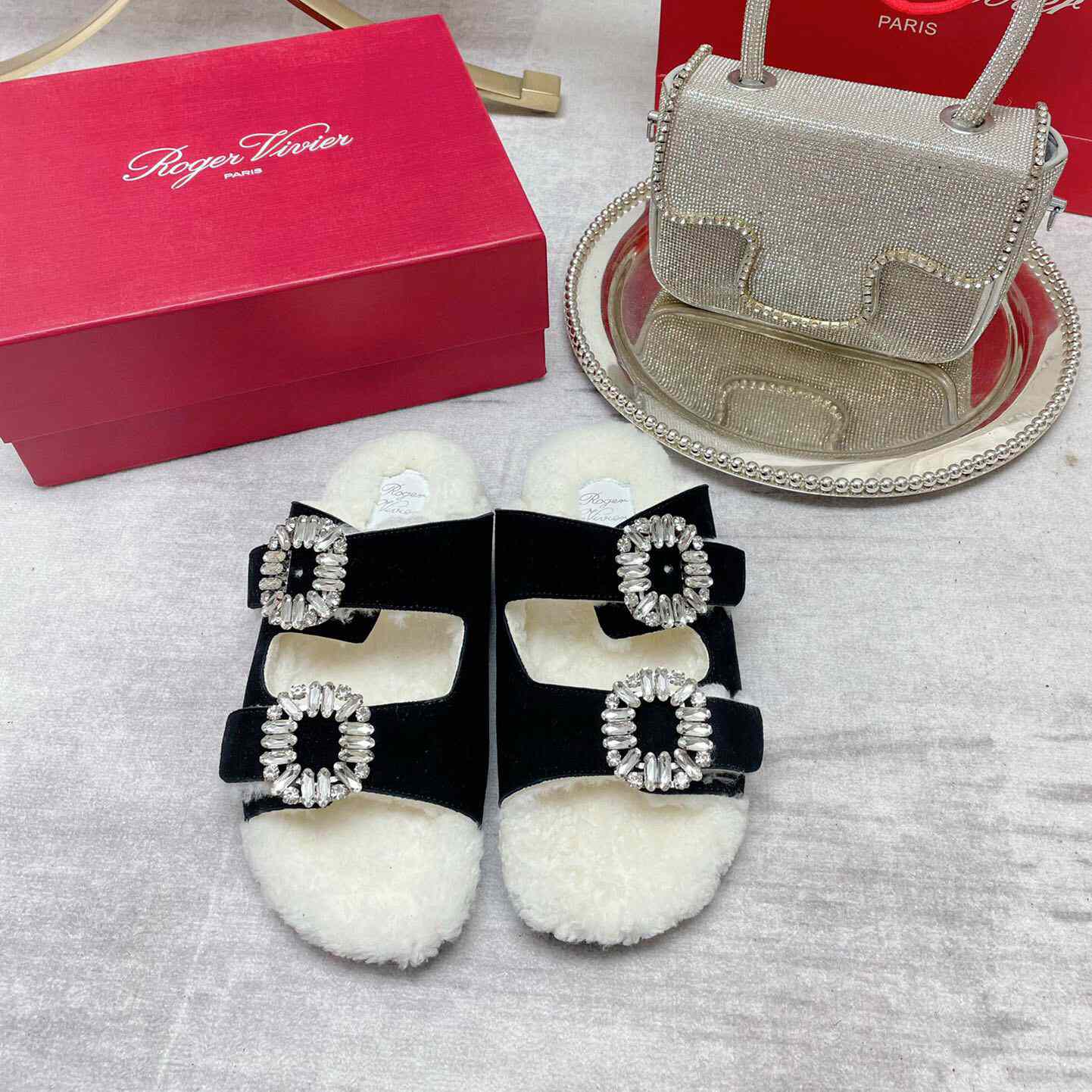 Roger Vivier Slidy Viv' Fur Strass Buckle Mules In Suede - DopestKickz