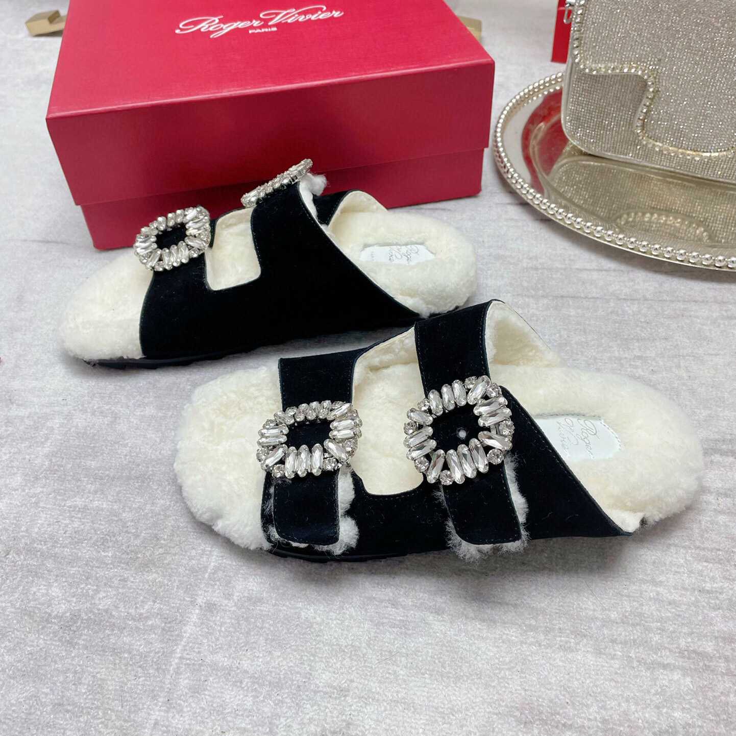Roger Vivier Slidy Viv' Fur Strass Buckle Mules In Suede - DopestKickz
