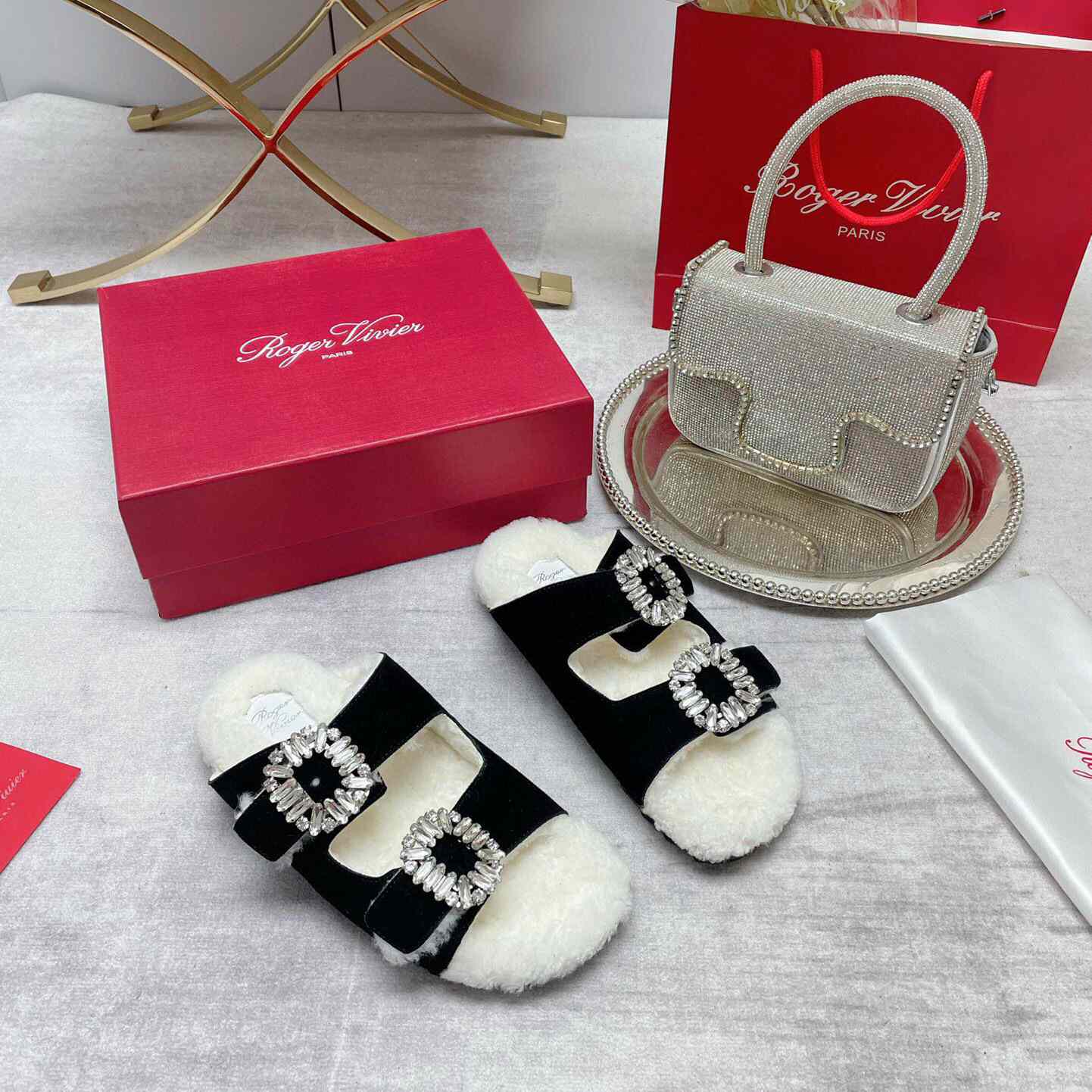 Roger Vivier Slidy Viv' Fur Strass Buckle Mules In Suede - DopestKickz