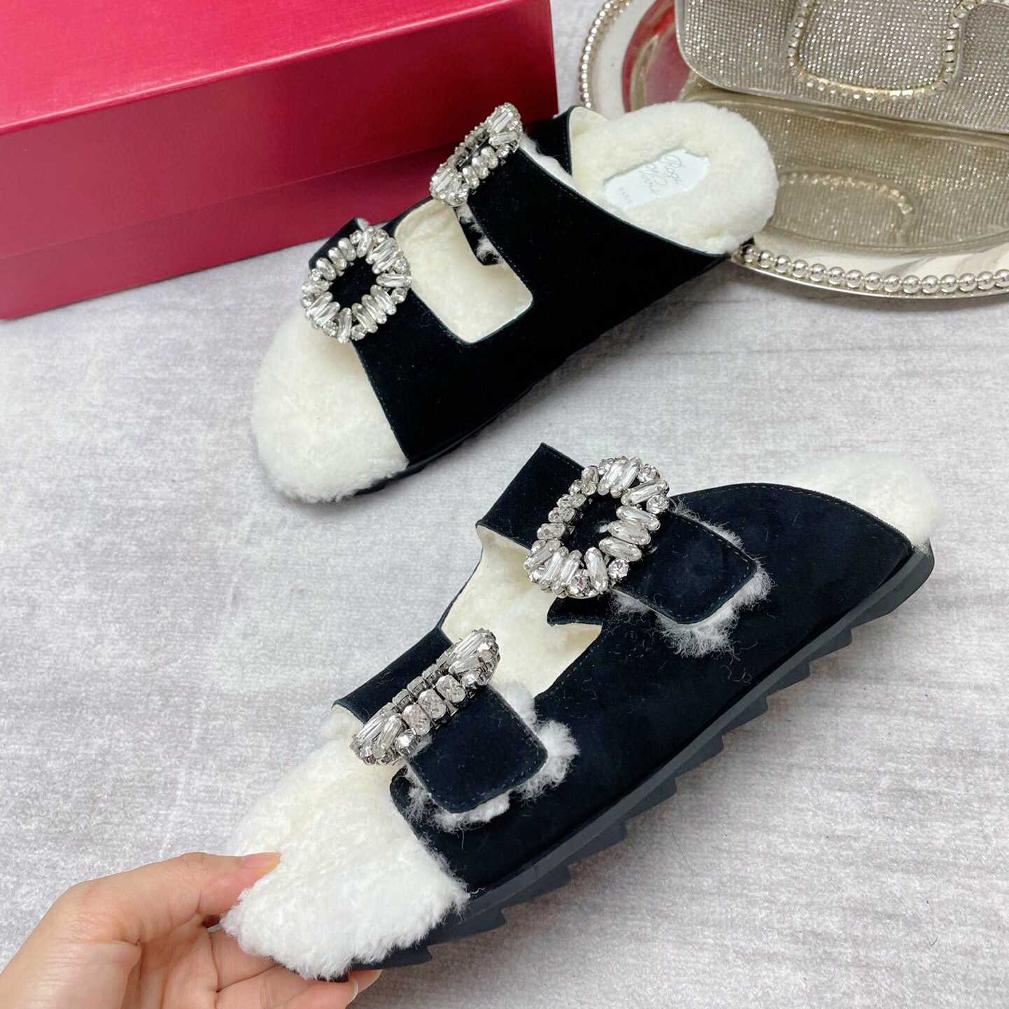 Roger Vivier Slidy Viv' Fur Strass Buckle Mules In Suede - DopestKickz