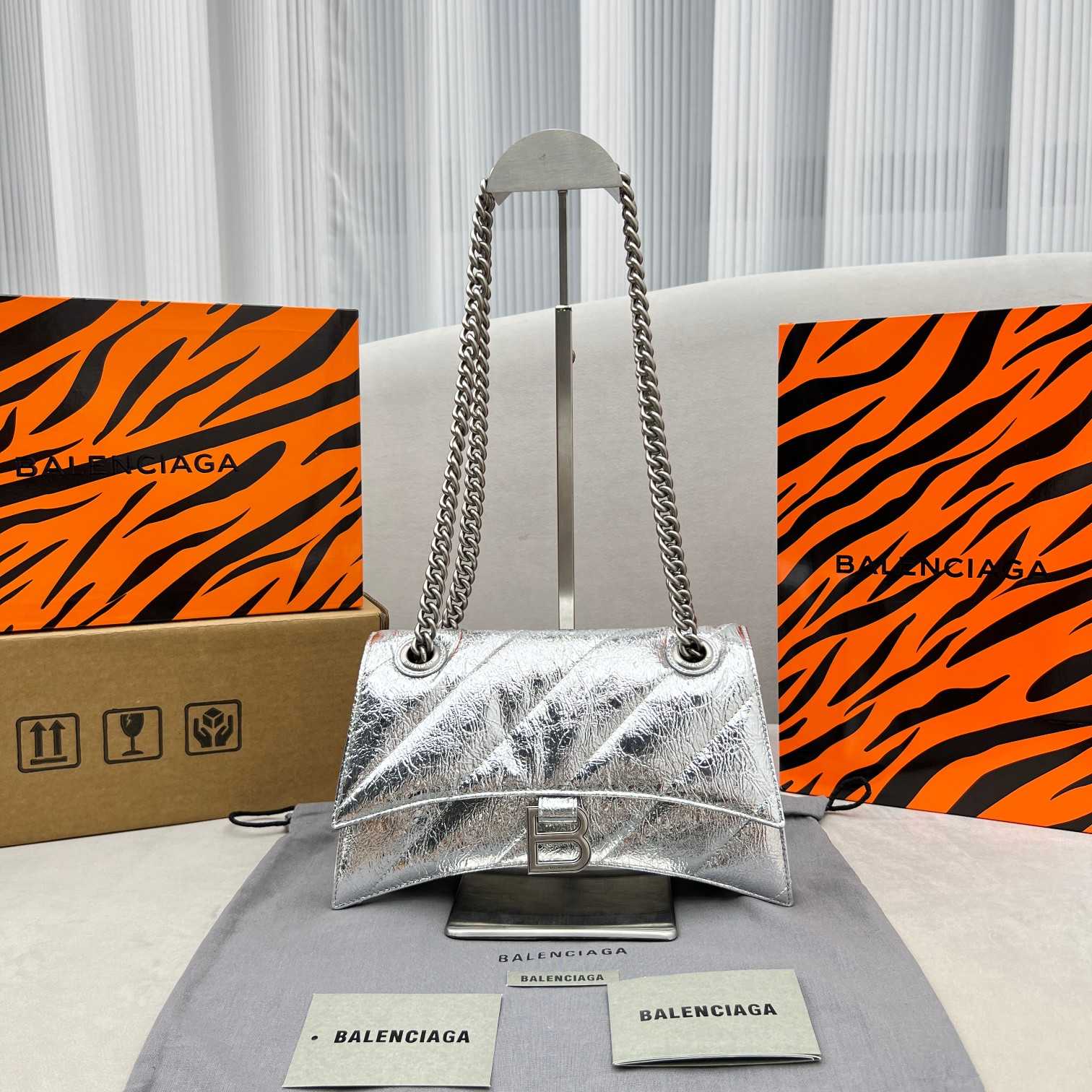 Balenciaga Women's Crush Small Chain Bag Metallized Quilted In Silver (25-15-9.5cm) - DopestKickz