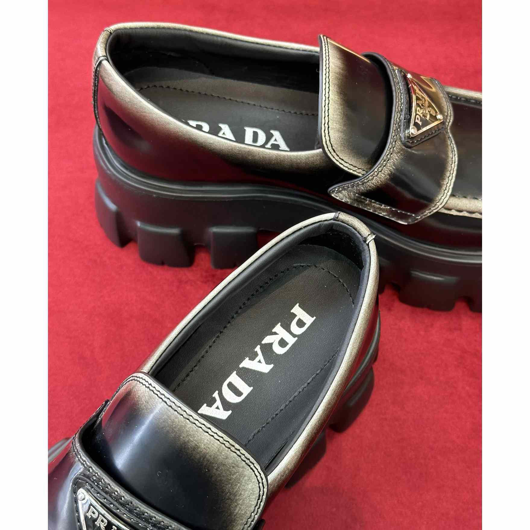 Prada Brushed Leather Monolith Loafers - DopestKickz