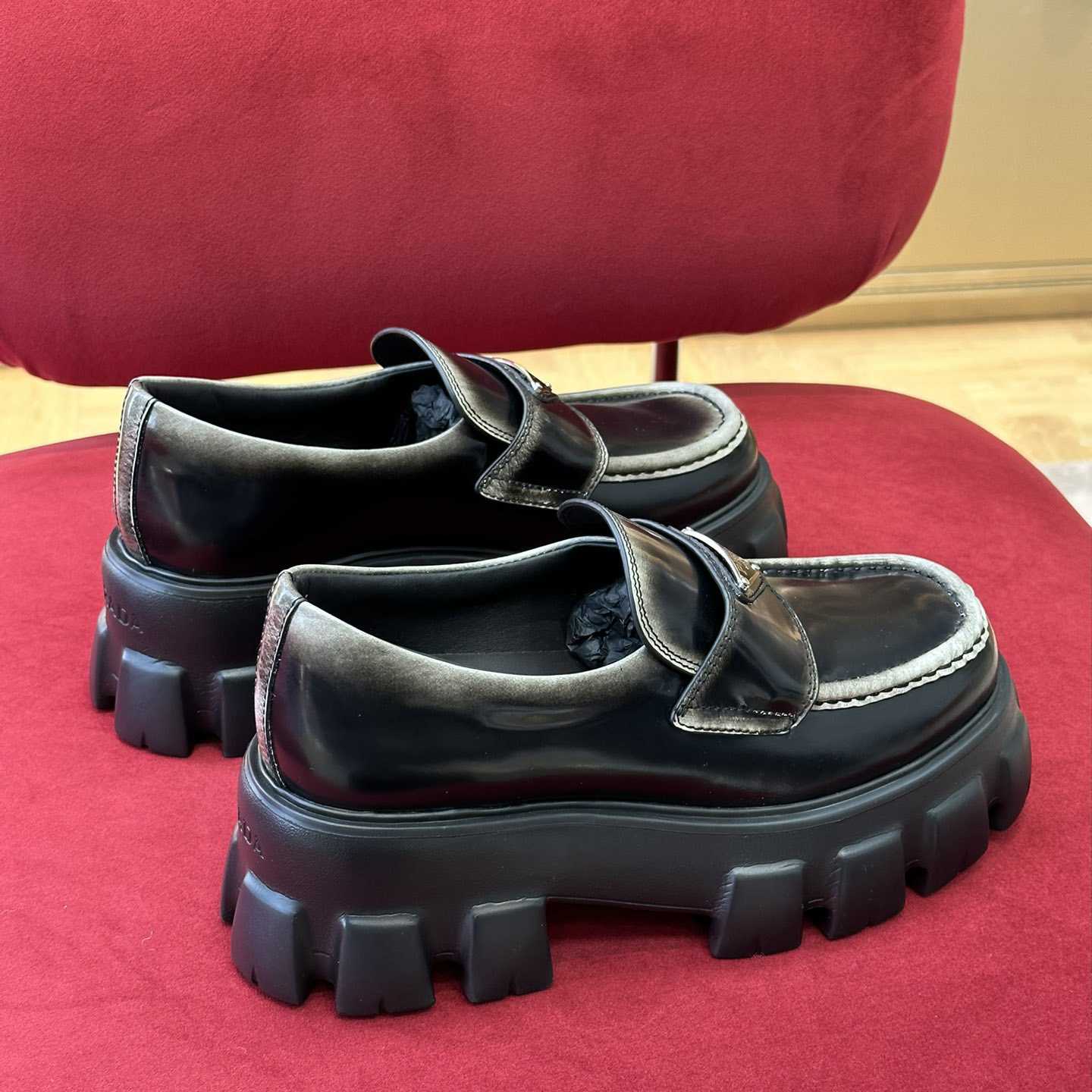 Prada Brushed Leather Monolith Loafers - DopestKickz