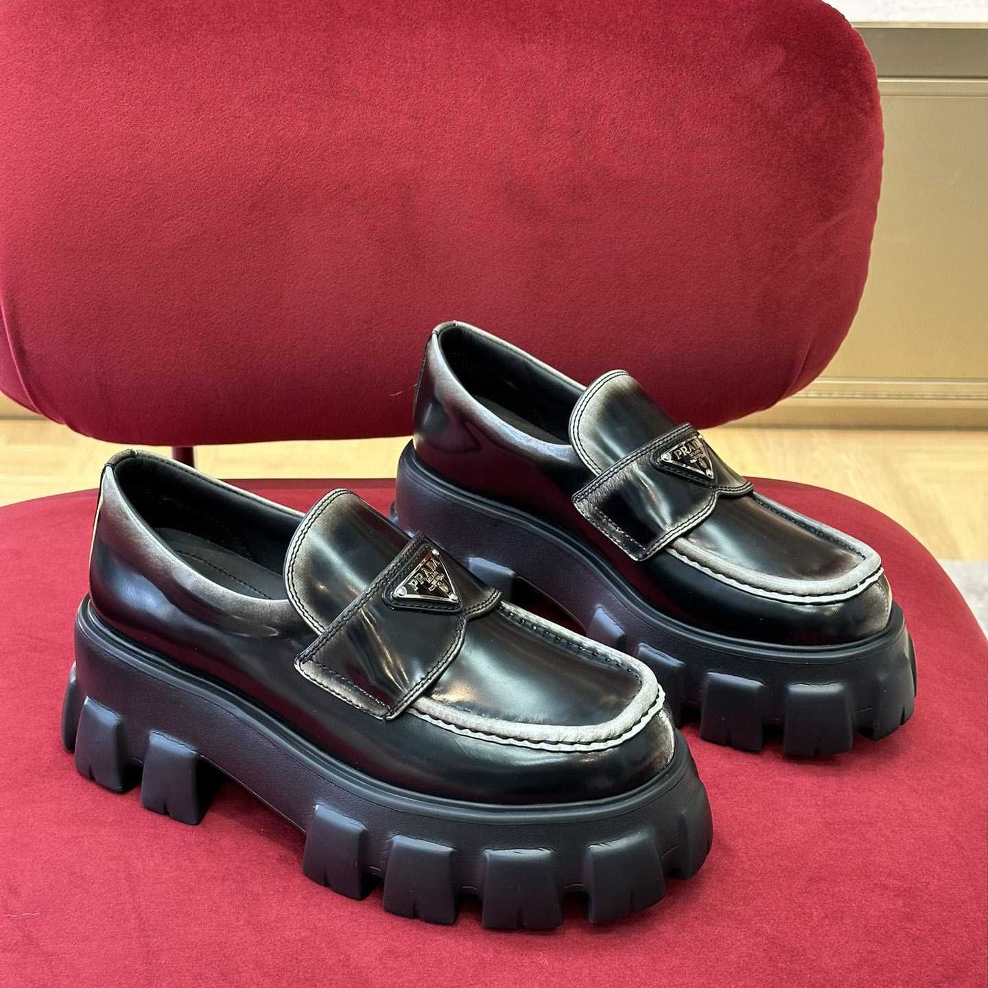 Prada Brushed Leather Monolith Loafers - DopestKickz