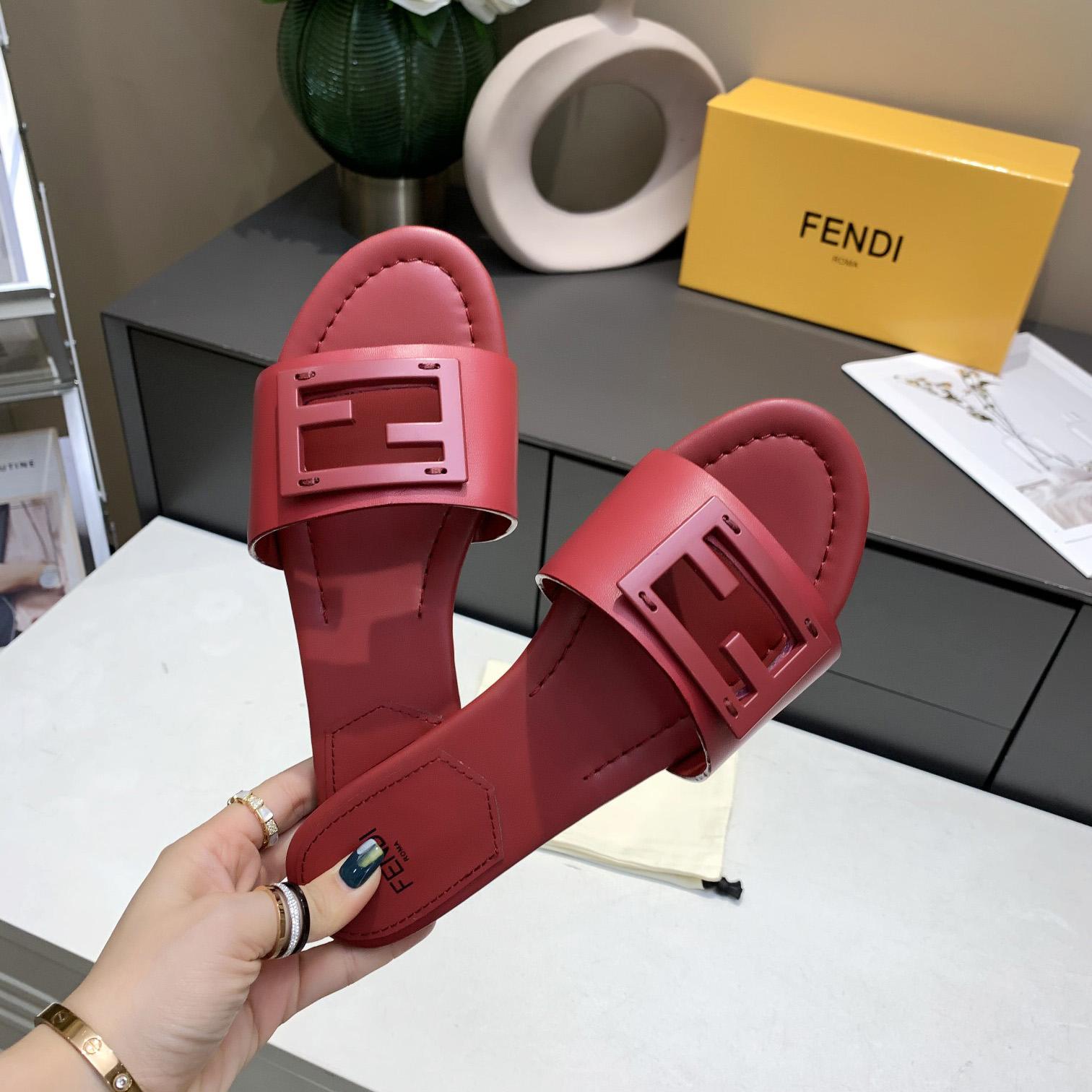 Fendi Signature Red Leather Slides - DopestKickz