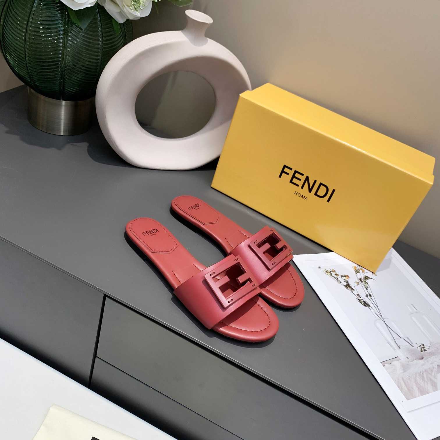 Fendi Signature Red Leather Slides - DopestKickz