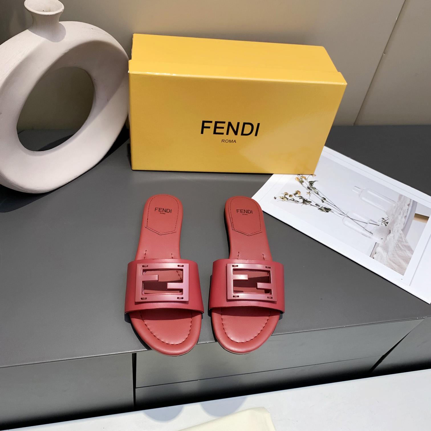 Fendi Signature Red Leather Slides - DopestKickz