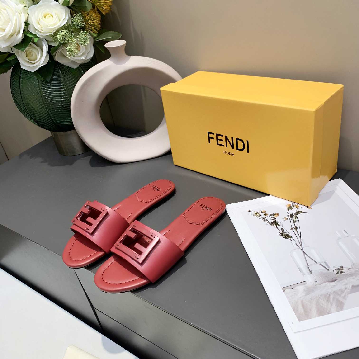 Fendi Signature Red Leather Slides - DopestKickz